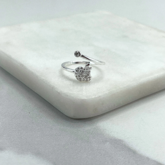 925 Sterling Silver & Clear Cubic Zirconia, Apple with a Bite Shape Design Adjustable Ring Stamped 925