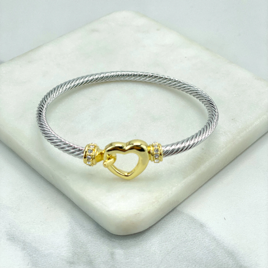 Stainless Steel Gold and Silver Plated, Circle Front Design or Heart Front, Cable Cuff Bracelet