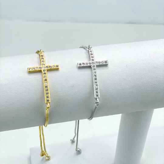 18k Gold Filled or Silver Filled Box Chain & Cubic Zirconia Cross Shape Charm Adjustable Bracelet, Wholesale Jewel Making Supplies