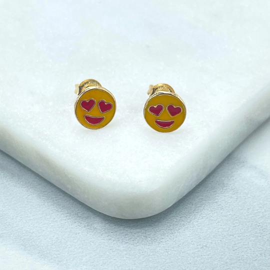 18k Gold Filled Colored Enamel Fall In Love Emoji Icon, Falling in Love Heart Emoji Stud Earrings