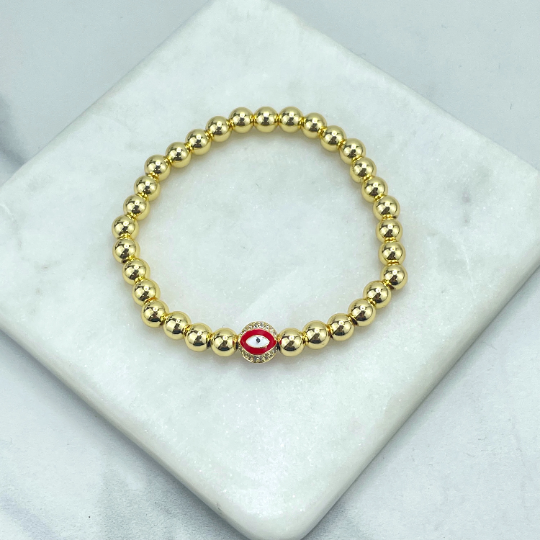 18k Gold Filled Cubic Zirconia Details Toped on Red, Green or Black Enamel Evil Eye Charm, Beaded Bracelet Wholesale Jewelry Supplies