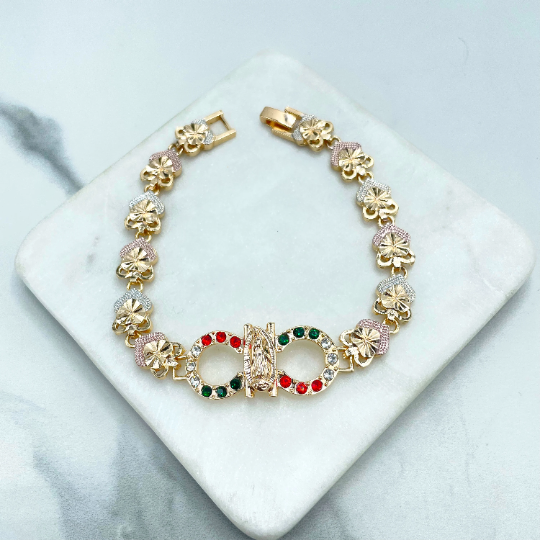 18k Gold Filled CZ Mexican Flag with Gold or Silver Virgen De Guadalupe, Our Lady of Guadalupe, Tri-Tone Linked Flower Bracelet Wholesale