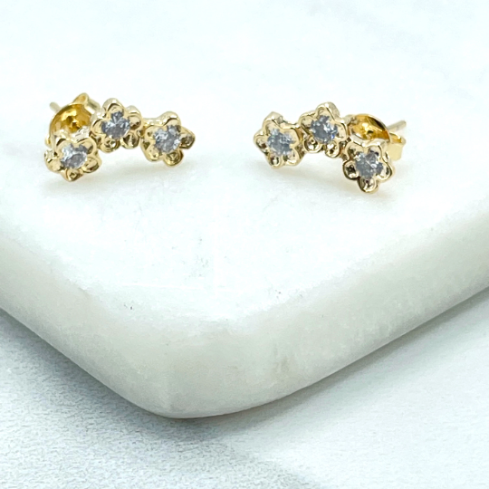18k Gold Filled Clear Cubic Zirconia 03 Flowers Shape Ear Climbers Earrings, Stud Earrings