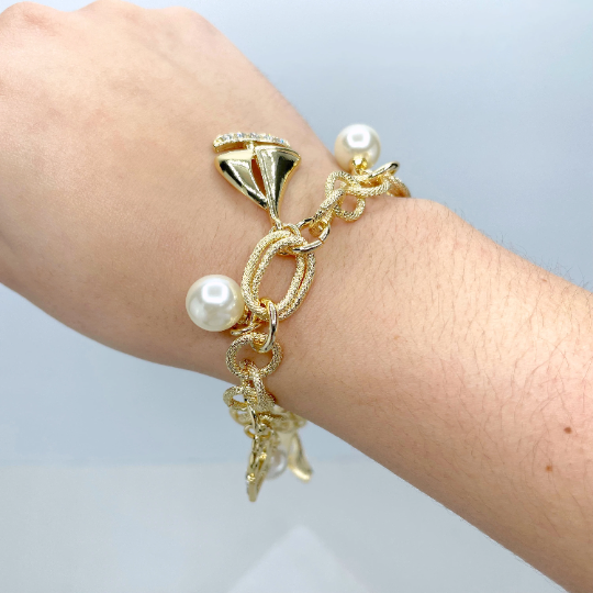 18k Gold Filled Simulated Pearls Charms Bracelet