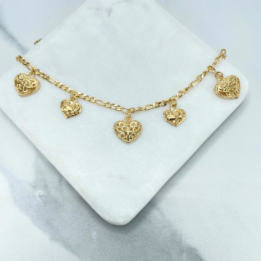 18k Gold Filled 3mm Figaro Chain with Texturized Puffed Hearts Shape Charms Bracelet, Romantic & Vintage Jewel