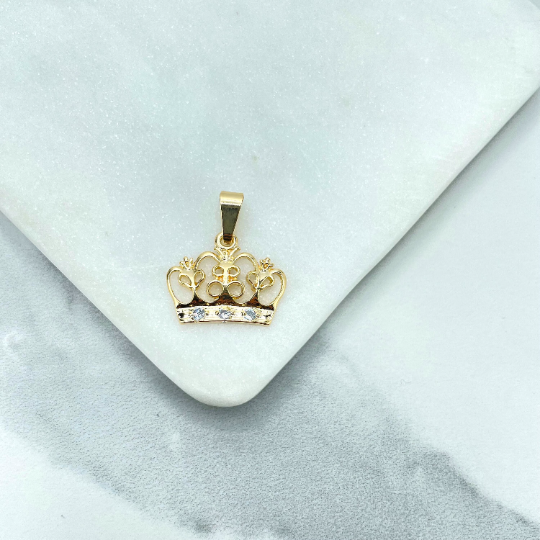 18k Gold Filled Cutout Vintage Crown with Cubic Zirconia Details Charm Pendant, Queen Princess King Crown