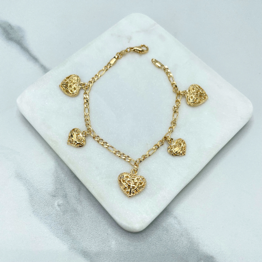18k Gold Filled 3mm Figaro Chain with Texturized Puffed Hearts Shape Charms Bracelet, Romantic & Vintage Jewel