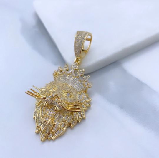 18k Gold Filled Micro Pave Puffed Lion's Head with Crown Shape Pendant Only, with Large Bail