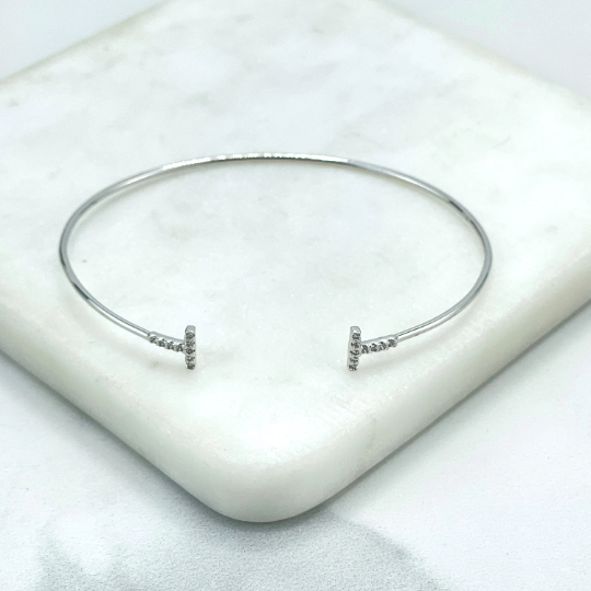 18k Gold Filled or Silver Filled Dainty Cuff Bracelet with Micro Cubic Zirconia, "T" Shape the Edges