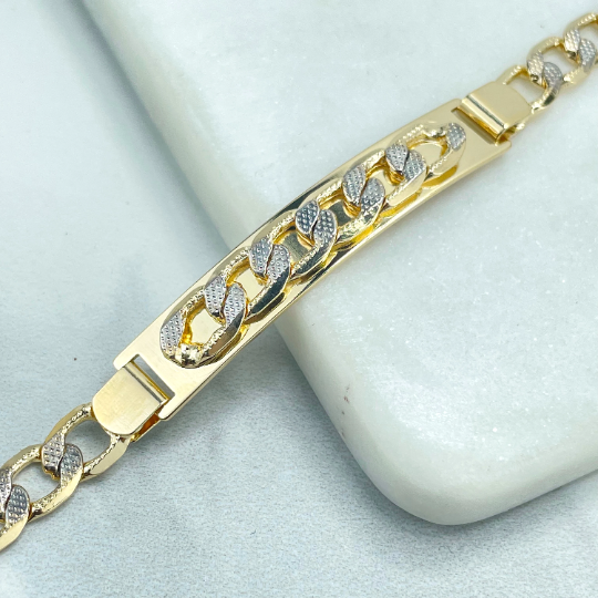 18k Gold Filled 9mm Two Tone Unisex ID Bracelet Featuring Curb Chain Detail, Wholesale Jewelry Making Supplies
