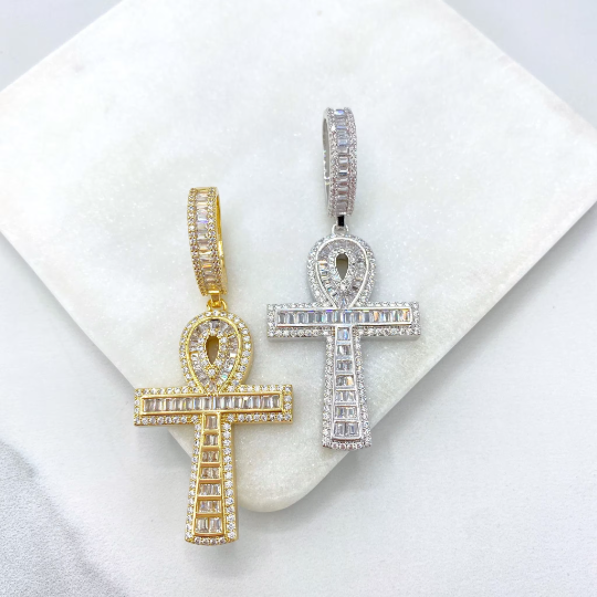 18k Gold Filled or Silver Filled Micro Cubic Zirconia & Baguette Ankh Cross Shape Pendant Only, with Large Bail