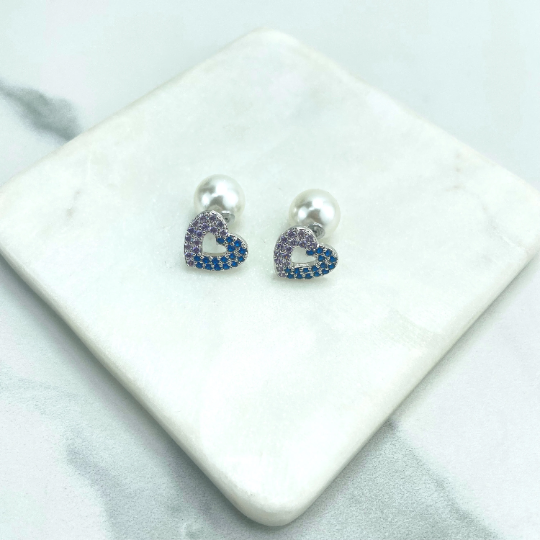 18k Gold Filled Clear & Blue CZ with Simulated Pearl, Heart Shape, Ear Jacket, Front Back Stud Earrings, Double Sided