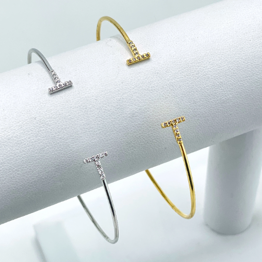 18k Gold Filled or Silver Filled Dainty Cuff Bracelet with Micro Cubic Zirconia, "T" Shape the Edges