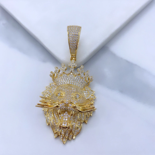 18k Gold Filled Micro Pave Puffed Lion's Head with Crown Shape Pendant Only, with Large Bail