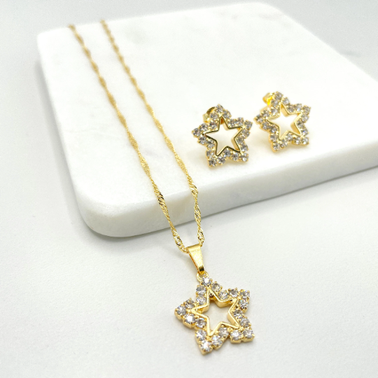 18k Gold Filled Singapore Necklace & Cubic Zirconia Star Charms, Necklace and Earrings Set