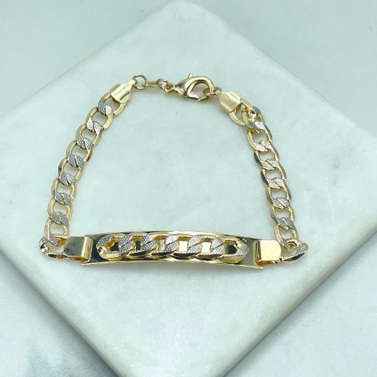 18k Gold Filled 9mm Two Tone Unisex ID Bracelet Featuring Curb Chain Detail, Wholesale Jewelry Making Supplies