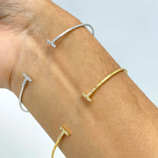 18k Gold Filled or Silver Filled Dainty Cuff Bracelet with Micro Cubic Zirconia, "T" Shape the Edges