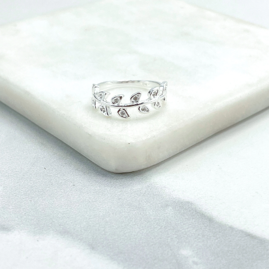 925 Sterling Silver Clear Cubic Zirconia Olive Branch Leaves Design Ring, Stamped 925