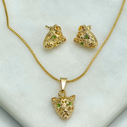 18k Gold Filled Green Cubic Zirconia Eyes Panther Tiger Puffed Cutout Head Charm, Necklace & Earrings Set, Wholesale Jewelry Making Supplies