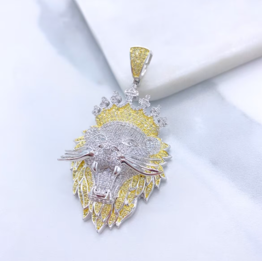 18k Gold Filled Two Tone Micro Pave Puffed Lion's Head with Crown Shape Pendant Only, with Large Bail