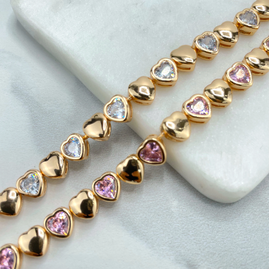18k Rose Gold Filled Clear or Light Pink Cubic Zirconia Hearts Linked Bracelets, Wholesale Jewelry Making Supplies