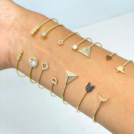 18k Gold Filled Dainty Cuff Bracelet with Micro Cubic Zirconia, Moon Star, Arrow, Pyramid, D, Clover or Solitaire Design, Wholesale Jewelry