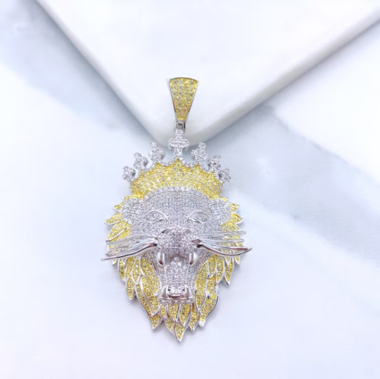 18k Gold Filled Two Tone Micro Pave Puffed Lion's Head with Crown Shape Pendant Only, with Large Bail