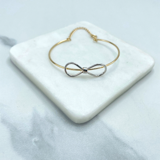 18k Gold Filled Two-Tones Cuff Bangle Bracelet with Bow Charm and Extension