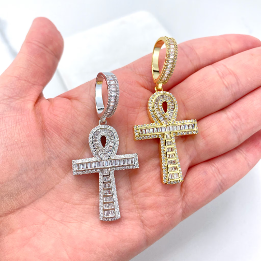 18k Gold Filled or Silver Filled Micro Cubic Zirconia & Baguette Ankh Cross Shape Pendant Only, with Large Bail