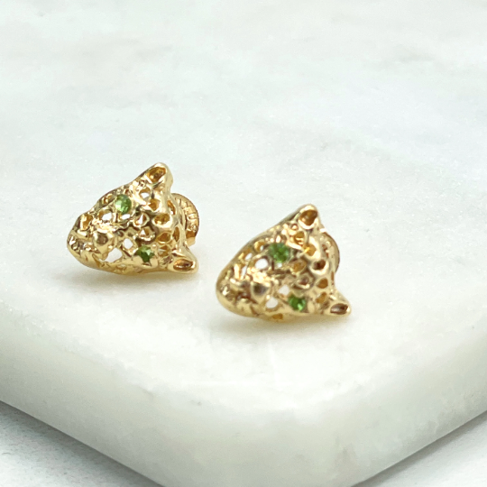 18k Gold Filled Green Cubic Zirconia Eyes Panther Tiger Puffed Cutout Head Charm, Necklace & Earrings Set, Wholesale Jewelry Making Supplies