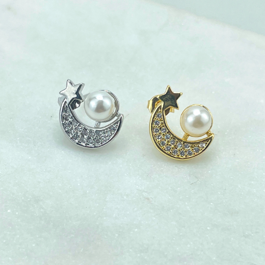 Silver Filled or 18k Gold Filled Cubic Zirconia Moon Star Shape with Simulated Peal Detail, Stud Earrings