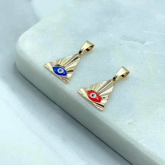 18k Gold Filled Small Pyramid Triangle with Red or Blue Evil Eye Charms Pendant, Wholesale Jewelry Making Supplies