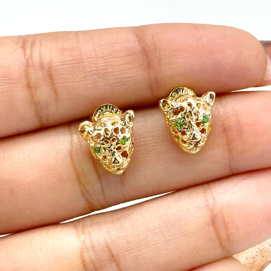 18k Gold Filled Green Cubic Zirconia Eyes Panther Tiger Puffed Cutout Head Charm, Necklace & Earrings Set, Wholesale Jewelry Making Supplies