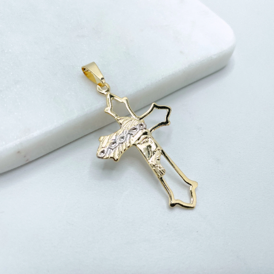 18k Gold Filled Two Tone Cross with Jesus Face Pendant