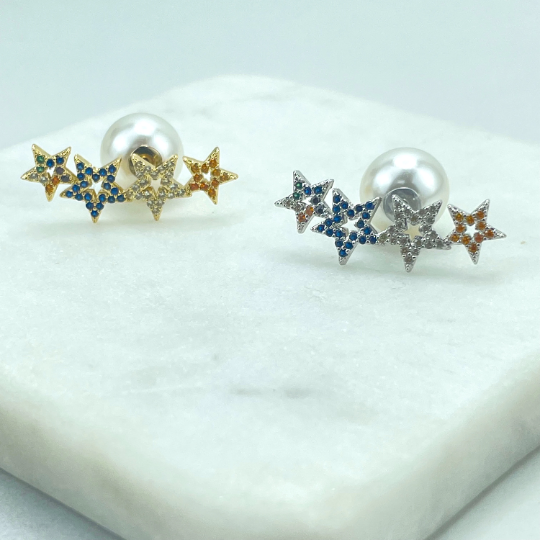 18k Gold Filled or Silver Filled, Colored CZ Stars Ear Climber Design, Ear Jacket, Front Back Stud Earrings, Double Sided