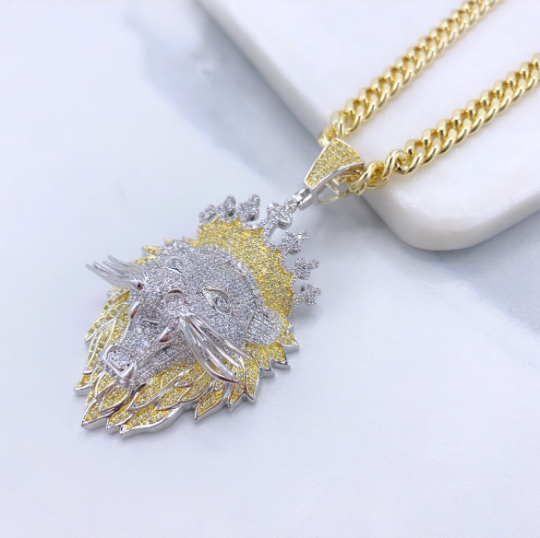 18k Gold Filled Two Tone Micro Pave Puffed Lion's Head with Crown Shape Pendant Only, with Large Bail