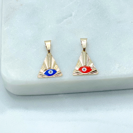 18k Gold Filled Small Pyramid Triangle with Red or Blue Evil Eye Charms Pendant, Wholesale Jewelry Making Supplies