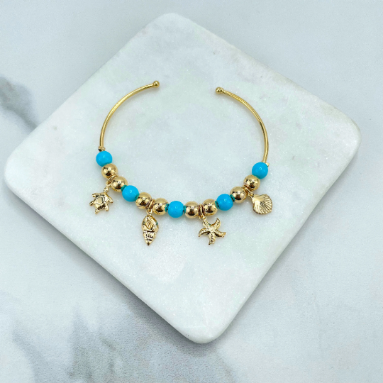 18k Gold Filled Turquoise Beads and Gold Beads with Sea Life Ocean Charms, Star,  Shell, Turtle