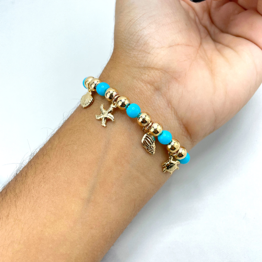 18k Gold Filled Turquoise Beads and Gold Beads with Sea Life Ocean Charms, Star,  Shell, Turtle