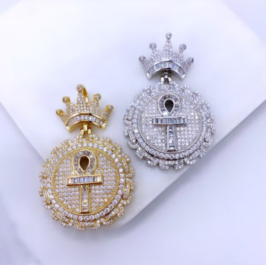 18k Gold Filled or Silver Filled Micro Cubic Zirconia & Baguette Ankh Cross Crown Pendant Only, with Large Bail
