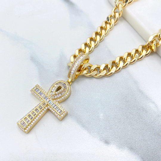 18k Gold Filled or Silver Filled Micro Cubic Zirconia & Baguette Ankh Cross Shape Pendant Only, with Large Bail