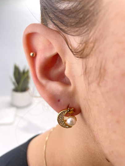Silver Filled or 18k Gold Filled Cubic Zirconia Moon Star Shape with Simulated Peal Detail, Stud Earrings