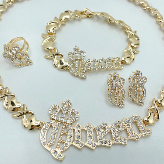 18k Gold Filled Cubic Zirconia "Queen" Hug & Kisses Design Set