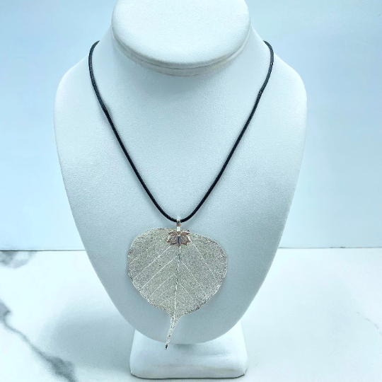 18K Gold Filled, Silver Filled or Rose Gold Large Pendant Hand Made with Real Leaf & Black Cord Chain Necklace