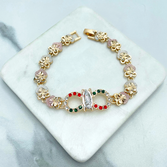 18k Gold Filled CZ Mexican Flag with Gold or Silver Virgen De Guadalupe, Our Lady of Guadalupe, Tri-Tone Linked Flower Bracelet Wholesale
