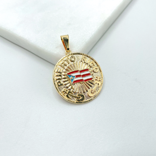18k Gold Filled Texturized Puerto Rico Colored Medal Flag Pendant