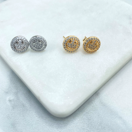 Silver Filled or 18k Gold Filled Micro Cubic Zirconia Smile Emoji, Happy Face Gold Stud Earrings