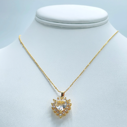 18k Gold Filled Rolo Chain with White CZ Heart Shape Charms Necklace & Earrings Set