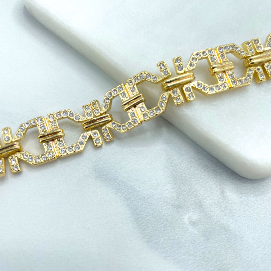18k Gold Filled Clear Cubic Zirconia Greek Key Linked Chain Design Bracelet, Wholesale Jewelry Making Supplies
