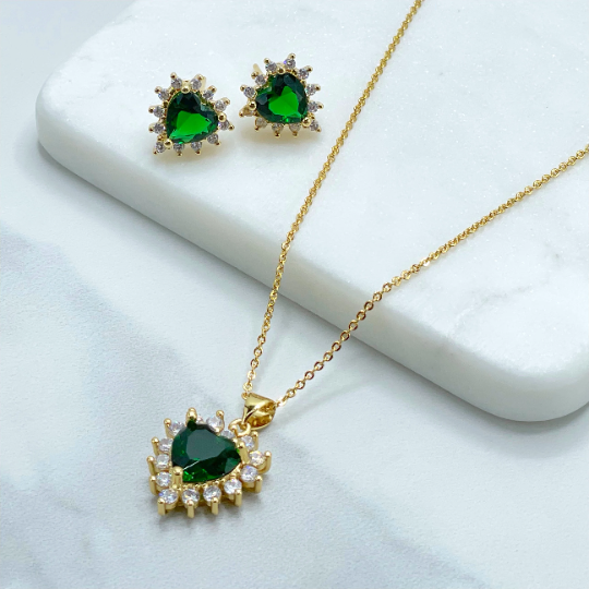 18k Gold Filled Rolo Chain with Green Cubic Zirconia Heart Shape Charms Necklace and Earrings Set